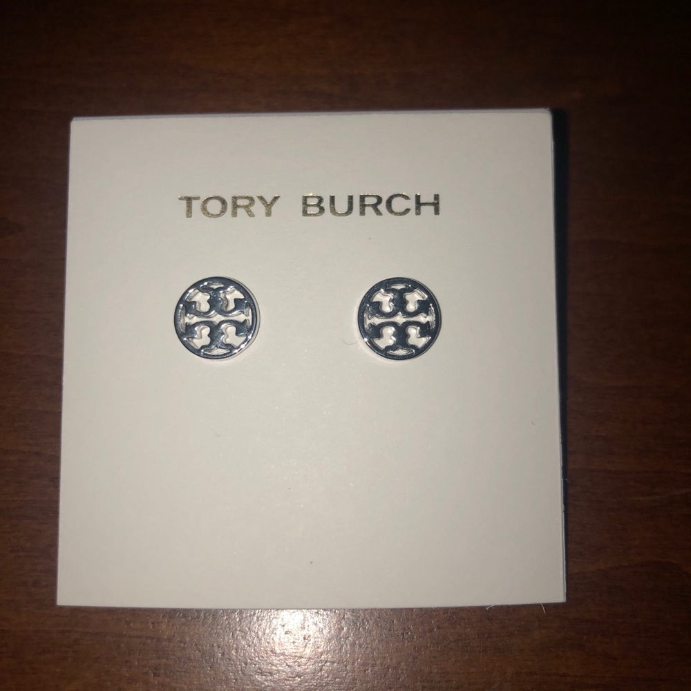 Tory Burch Logo Circle Stud Earrings-Silver